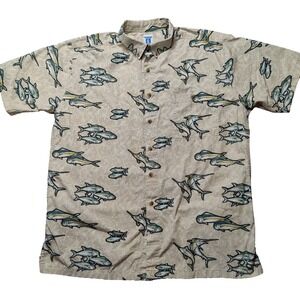 HOOK & TACKLE Men Large Allover Fish Print Short Sleeve Button-Up Shirt READ